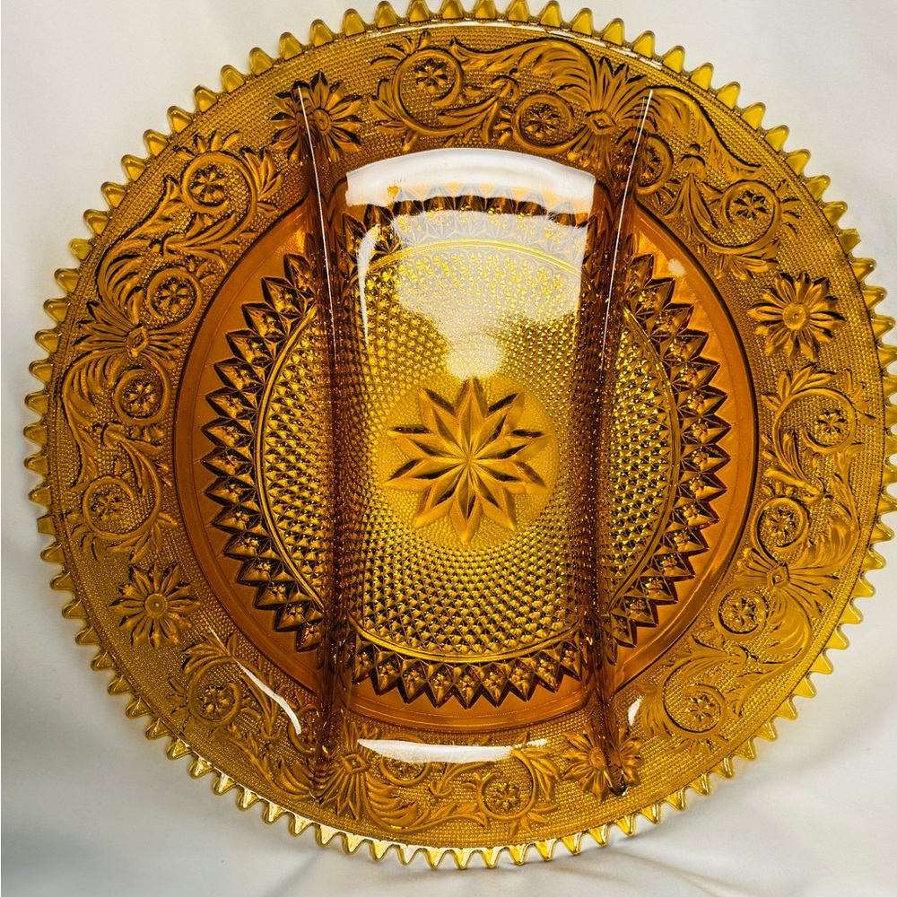 Vintage Amber Glass Sandwich Serving Tray - Starburst Scalloped Rim VTG 70s